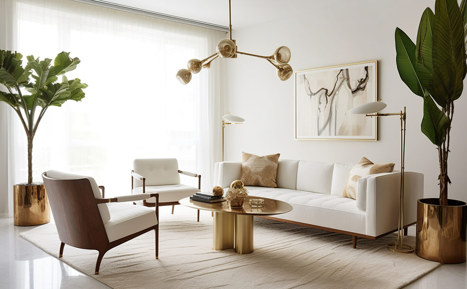 Interior design of modern Seattle mid-century living room with white furniture.