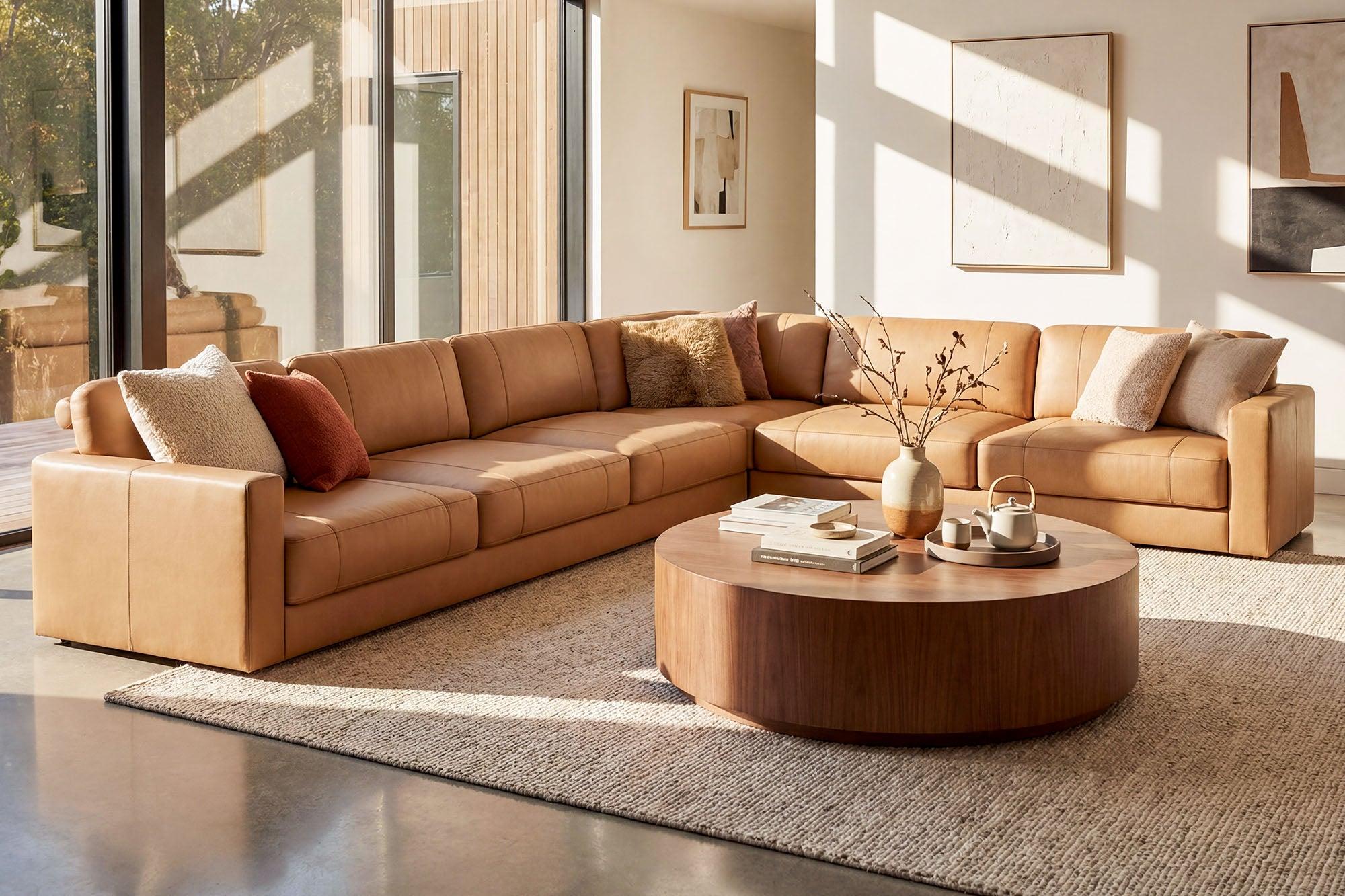 Comfortable contemporary sofa in a warmly decorated living room with natural wood furnishings.